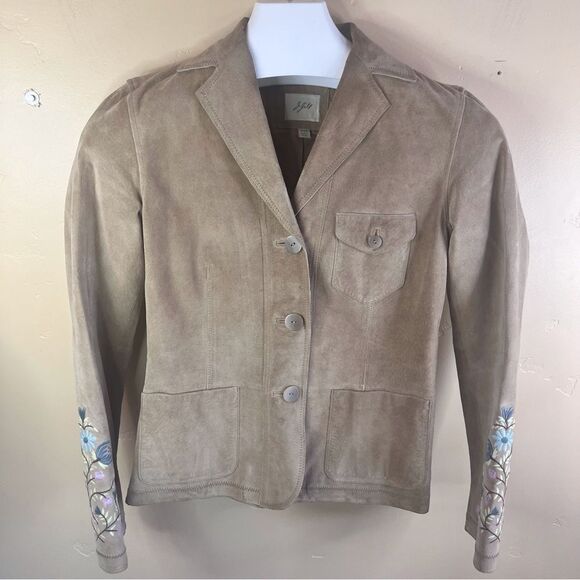 J.Jill Womens Leather/Suede Doe/Tan Embroidered Floral Arms Jacket Size XXS - Picture 1 of 6